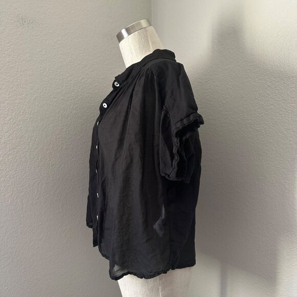 Mother Button Up Blouse V Neck Short Sleeve Loose Fit Cotton Minimalist Black - Picture 4 of 9